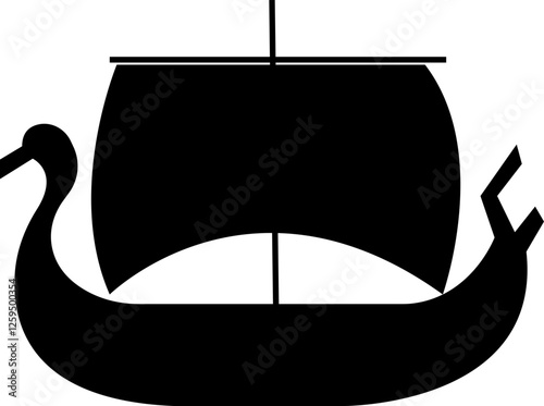 Black silhouette of a Viking ship on water icon, sailboat vehicle gondola. old designs ships, vintage galleons isolated on transparent background, graphic art vector styles, logo, template elements