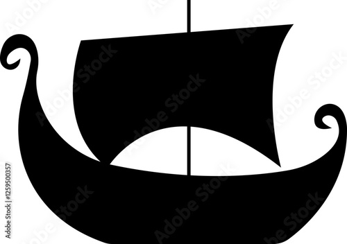 Black silhouette of a Viking ship on water icon, sailboat vehicle gondola. old designs ships, vintage galleons isolated on transparent background, graphic art vector styles, logo, template elements