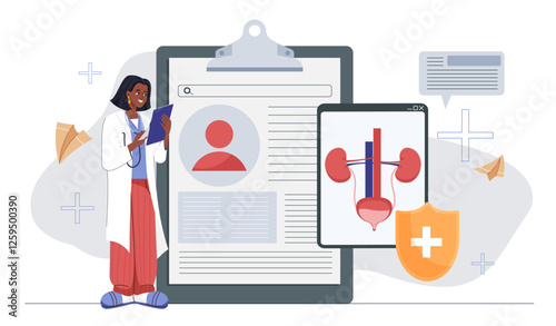 Female doctor analyzing patient urology medical record. 