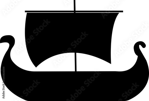 Black silhouette of a Viking ship on water icon, sailboat vehicle gondola. old designs ships, vintage galleons isolated on transparent background, graphic art vector styles, logo, template elements