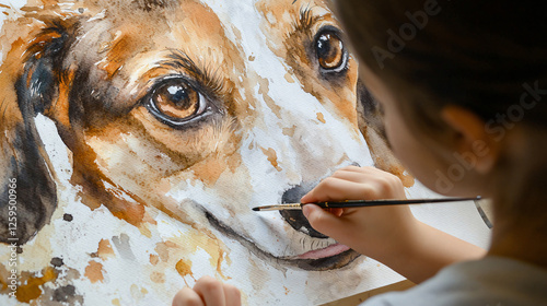 A child carefully adding layers of watercolor to a portrait of a dog, focusing on shading and detailing the fur texture with different brush strokes.