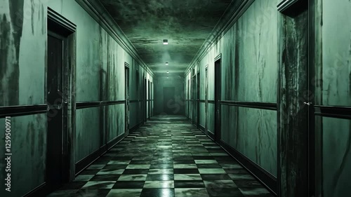 Dark and eerie hallway illuminated by flickering lights in an abandoned building