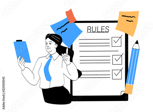 Businesswoman reviewing rules checklist on clipboard. 