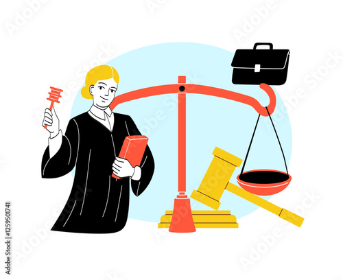 Female judge holding a gavel and book near justice scale. 