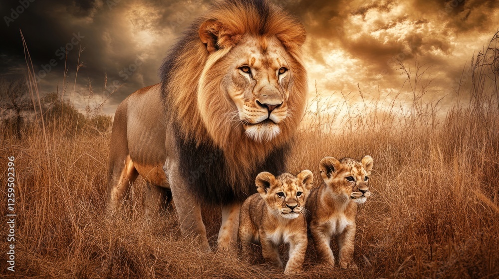 Obraz premium Majestic lion, cubs, savanna, sunset, wildlife, nature, photography, poster