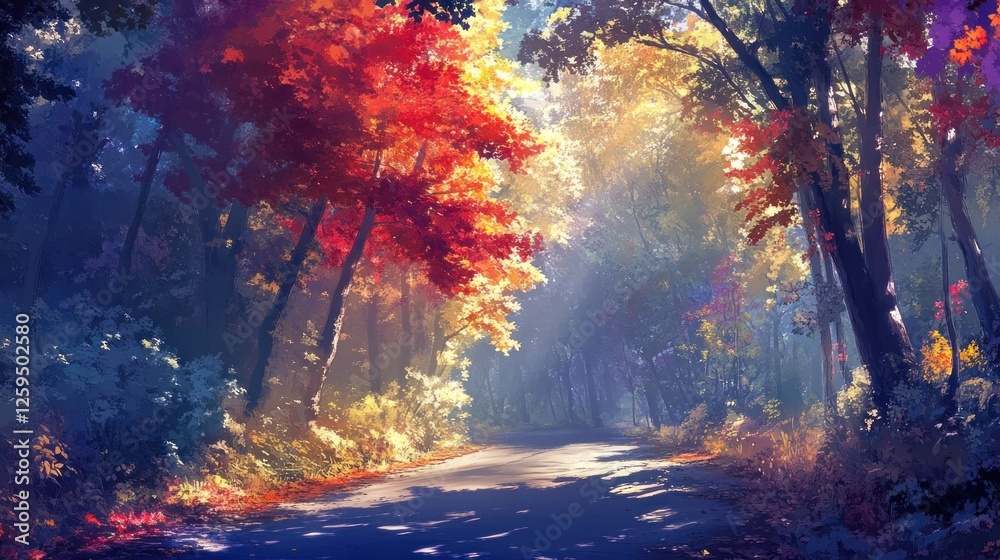 Obraz premium Autumnal forest path, sunlit trees, misty scene, scenic road, nature wallpaper
