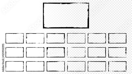Vector illustration. Set of 19 horizontal frames in grunge style. Dirty borders collection on transparent background. Ink brush stroke design elements for web banner, video thumbnail template