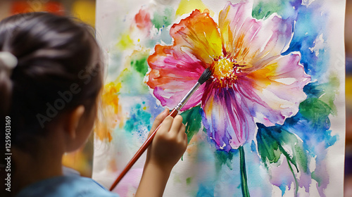 A child painting a flower using watercolors and a brush, with bright colors and careful strokes on paper in an art class.