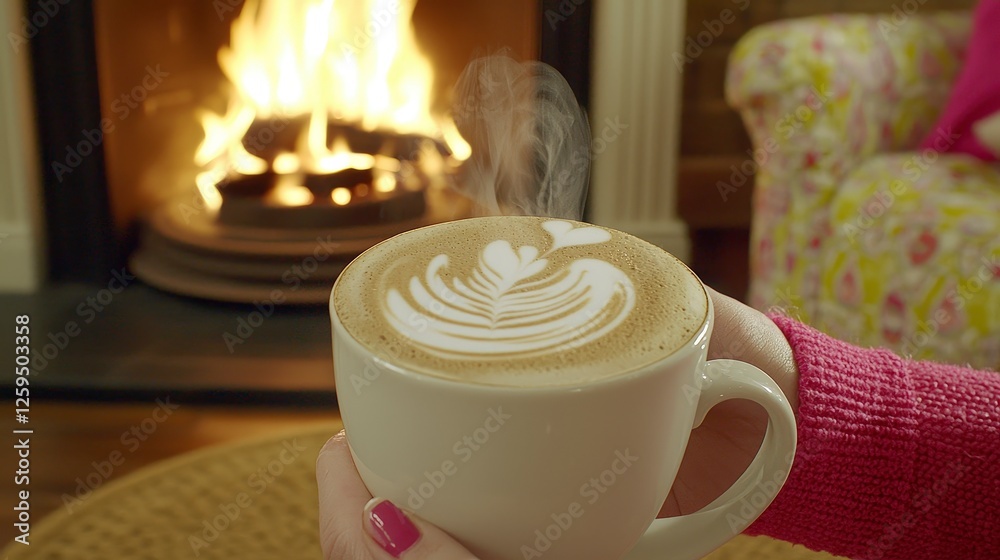 Obraz premium Cozy Coffee Cup with Heart Art by a Warm Fireplace in a Living Room