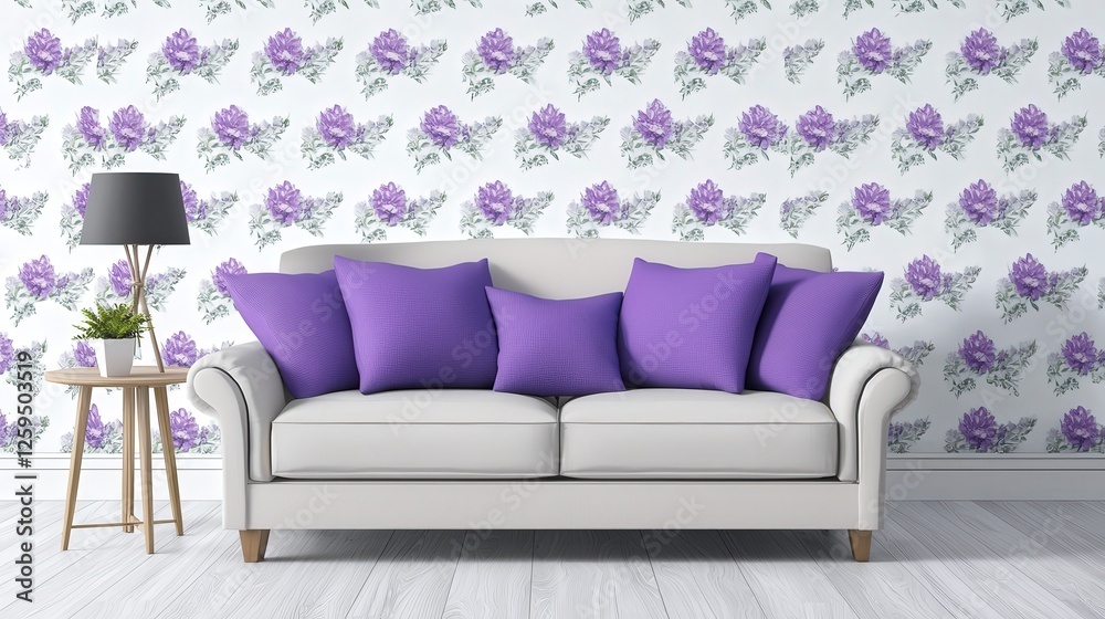Fototapeta premium Cozy Living Room with Cream Couch and Purple Cushions in Charming Decor