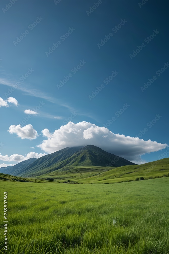 there is a large grassy field with a mountain in the background