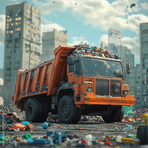 Dump truck filled with garbage on a littered urban landscape. photo