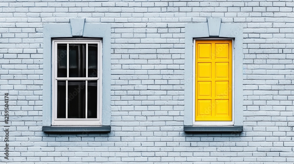 Bright Yellow Door and Window on Blue Brick Wall Exterior Bright Yellow Door and Window on Blue Brick Wall Exterior