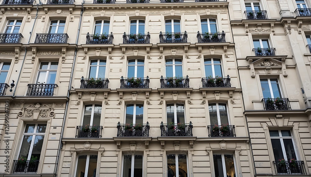 Elegant Parisian Building Facade with Ornate Balconies and Flower Boxes Elegant Parisian Building Facade with Ornate Balconies and Flower Boxes