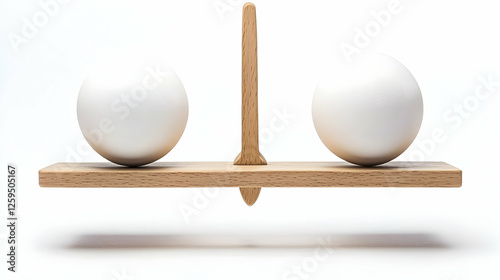 Balanced wooden scale with white spheres, isolated, studio shot, concept image for justice or equality