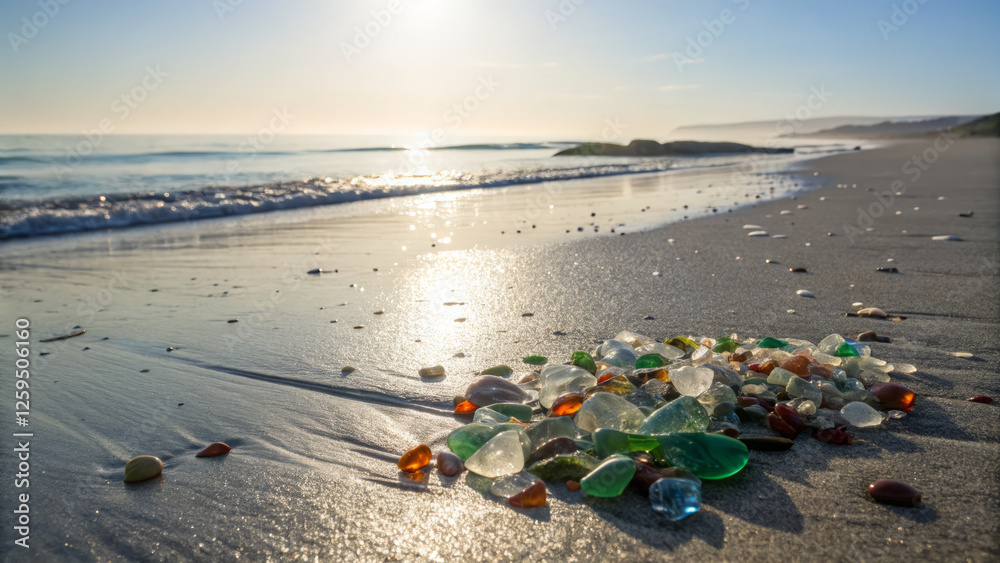 Sea glass and pebbles on sandy beach with ocean waves at sunrise Sea glass and pebbles on sandy beach with ocean waves at sunrise