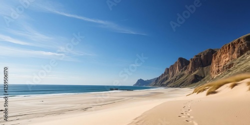 Fototapeta Naklejka Na Ścianę i Meble -  Sweeping view of sandy path winding through baltic sea beach dunes under blue sky, coast, exotic, coastal