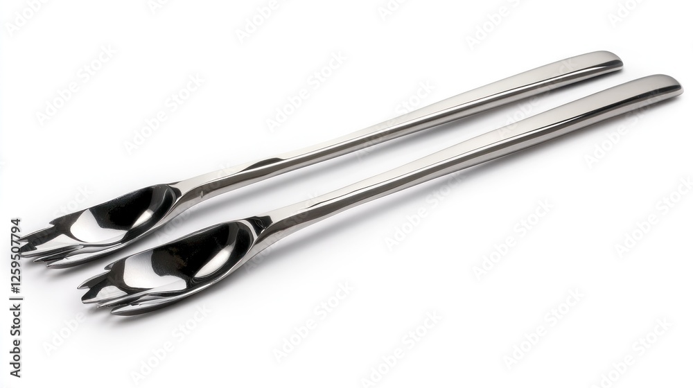Two sleek silver salad servers on white. Food preparation Two sleek silver salad servers on white. Food preparation