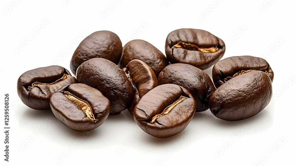 Naklejka premium Roasted coffee beans, close-up, white background, food photography