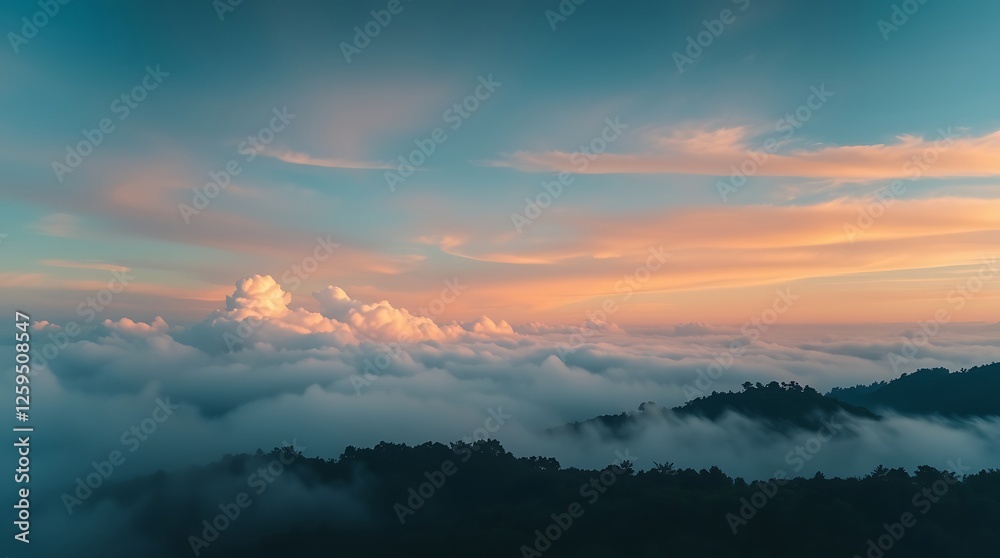 Obraz premium Mountain Ridge Emerging From Cloud Inversion with Pastel Colored Sky