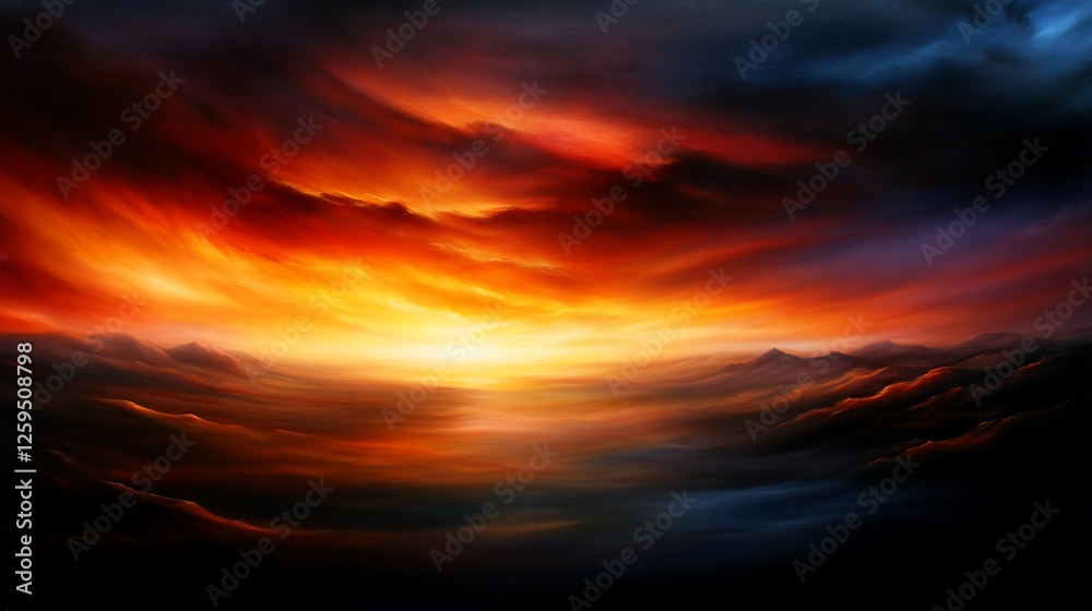 Fototapeta premium Fiery Sunset over Misty Mountains: A Dramatic Landscape