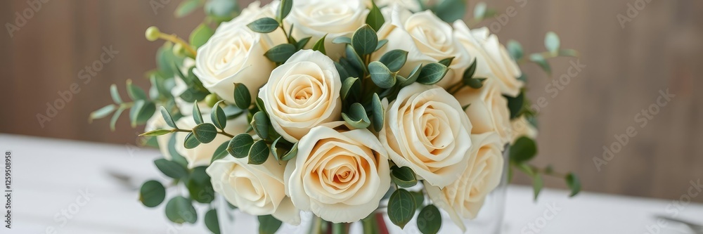 Fresh white rose and eucalyptus wedding bouquet in a glass vase, eucalyptus flowers, glass vases Fresh white rose and eucalyptus wedding bouquet in a glass vase, eucalyptus flowers, glass vases