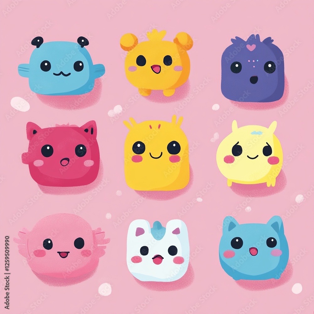 Nine cute cartoon creatures on pink background. Nine cute cartoon creatures on pink background.