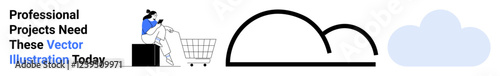 Woman holding smartphone, shopping cart nearby with cloud and abstract black line shapes. Ideal for e-commerce, technology, shopping, creativity, online services, digital marketing, flat landing page