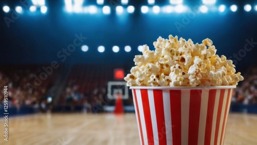 Popcornfilled cup on wooden table in front of basketball court with blue lights and hoop, lowangle view. photo