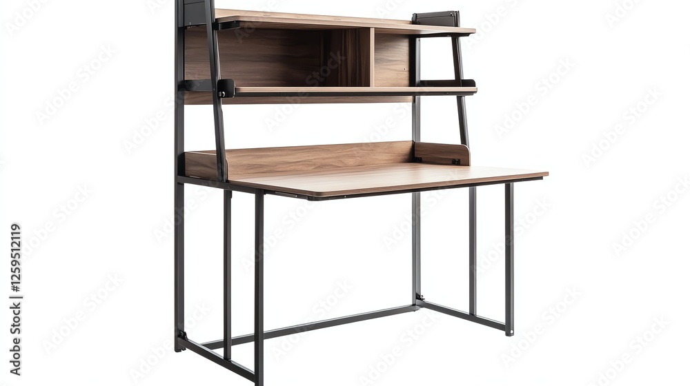 Modern wooden desk with shelves, stylish and functional, perfect for home office. Modern wooden desk with shelves, stylish and functional, perfect for home office.