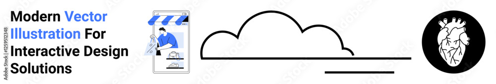 Fototapeta premium Highlighting a storefront illustration, minimalist cloud line, and a black-white anatomical heart. Ideal for design, branding, e-commerce, education, health, technology artistic projects flat