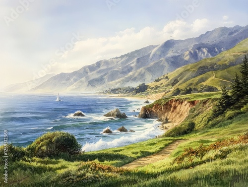 A serene coastal landscape featuring rolling hills, a calm sea, and rocky outcrops under a bright sky.