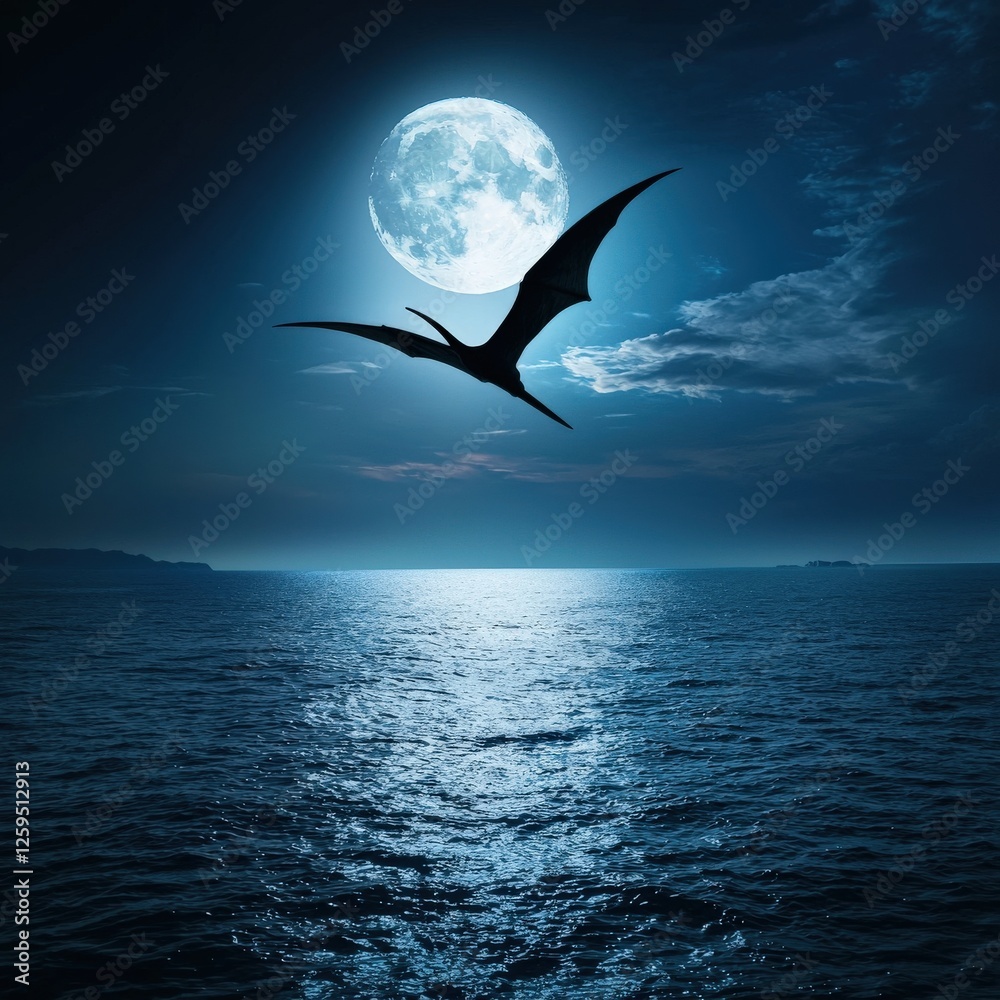 Fototapeta premium Illustration of a pterodactyl shadow crossing the moonlit ocean