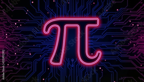 Neon π symbol on abstract circuit board background