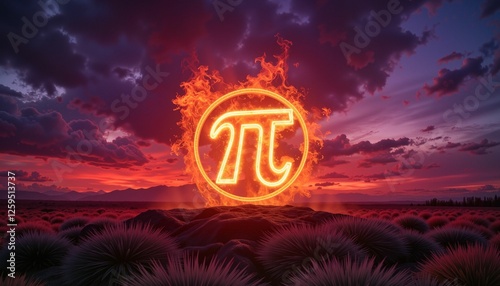 Fiery pi symbol glowing against a dramatic sunset sky