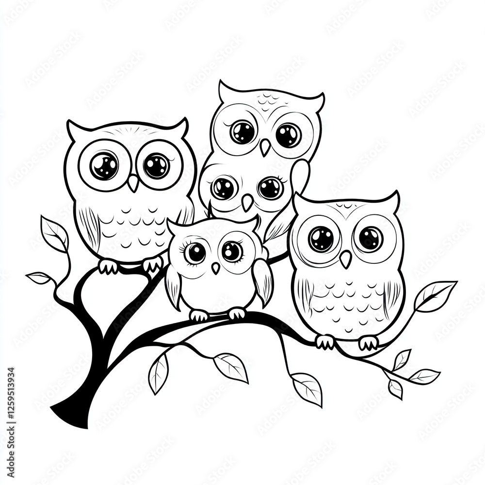 Fototapeta premium Cute owl family on tree branch.