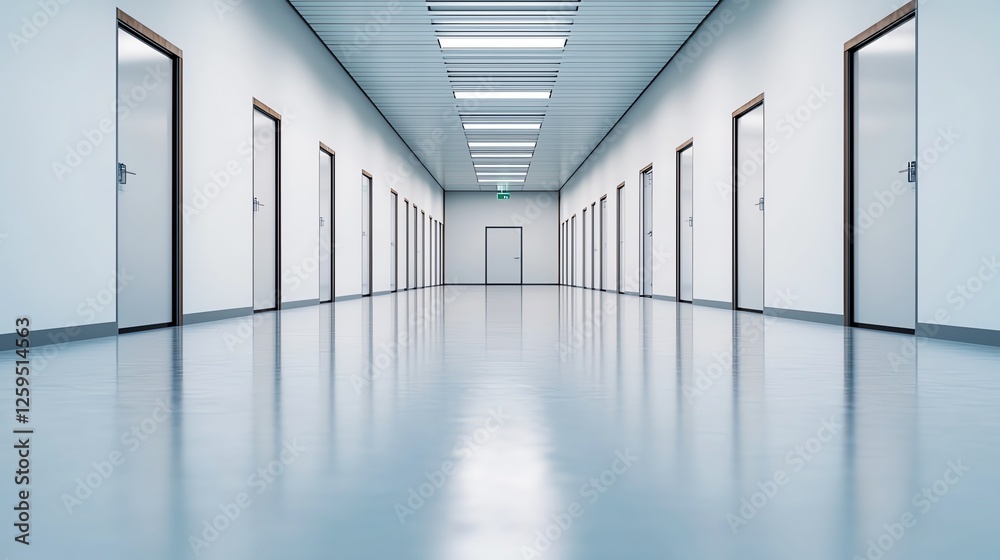 Obraz premium Modern hallway with multiple doors and lights.