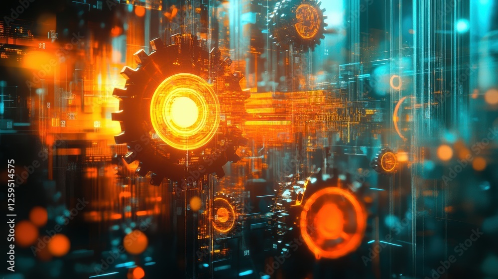 Obraz premium Abstract Futuristic Technology Background Glowing Gears and Digital Data Stream