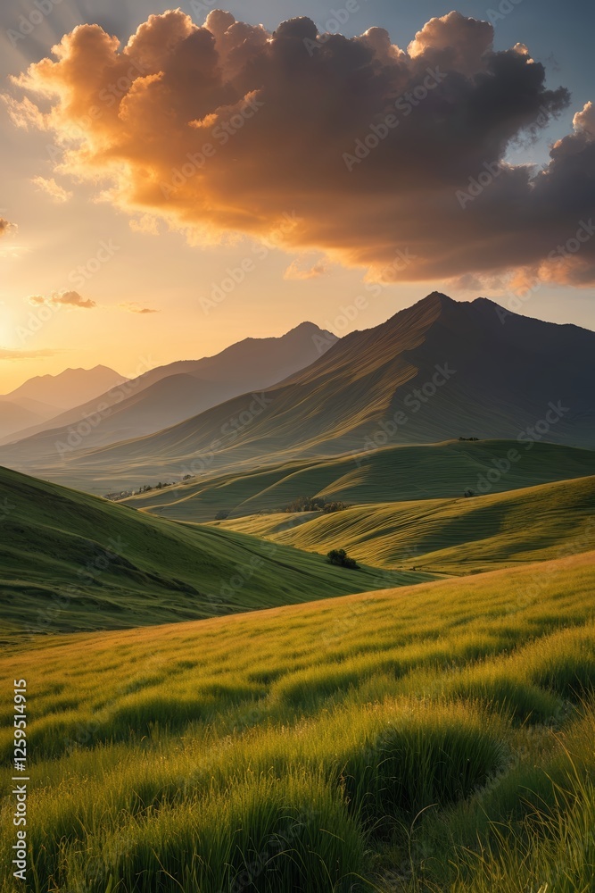 Fototapeta premium grassy field with mountains in the distance at sunset