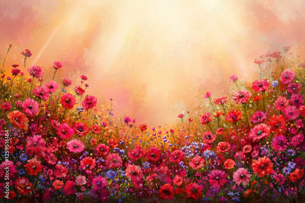 Obraz premium A vibrant field of colorful flowers radiating joy, illuminated by a soft, warm light in the background, creating a serene and enchanting atmosphere.