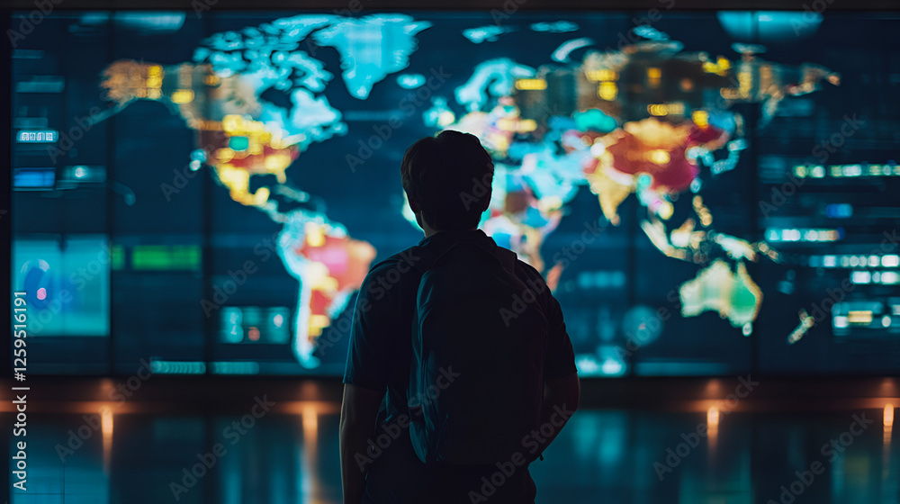 Futuristic traveler analyzing global data, Man observing digital world map with data visualization, Global connectivity and futuristic travel concept Futuristic traveler analyzing global data, Man observing digital world map with data visualization, Global connectivity and futuristic travel concept