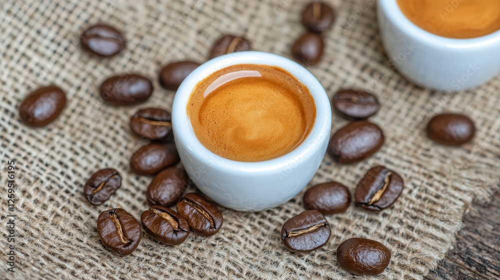 Freshly Brewed Espresso in White Cup Surrounded by Coffee Beans Freshly Brewed Espresso in White Cup Surrounded by Coffee Beans