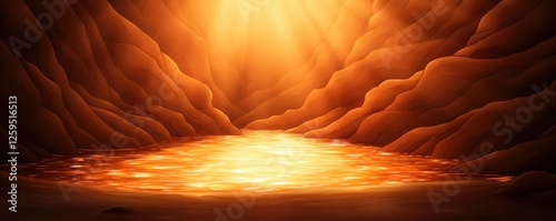 A glowing, warm scene depicting a reflective surface surrounded by soft, curved formations, illuminated by a radiant light.