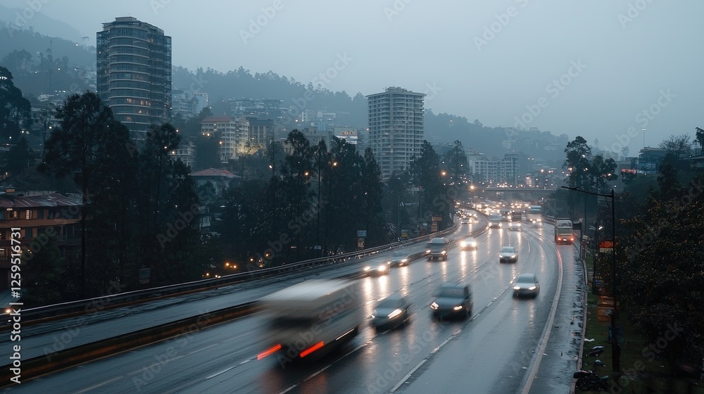 Fototapeta premium Rainy city highway traffic, hills background