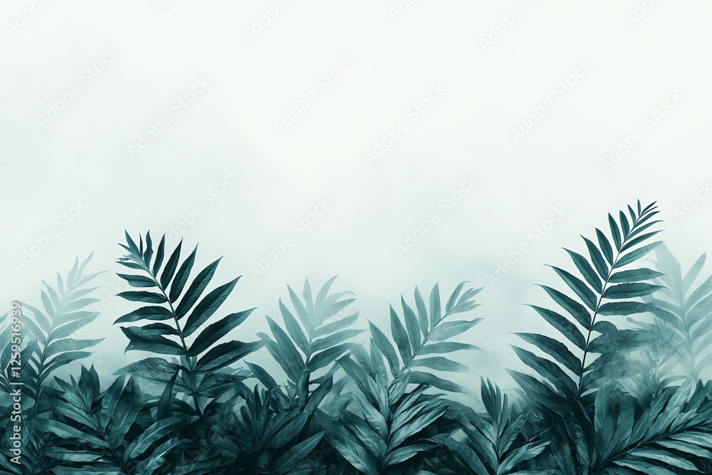 Naklejka premium Lush green ferns against a misty background.