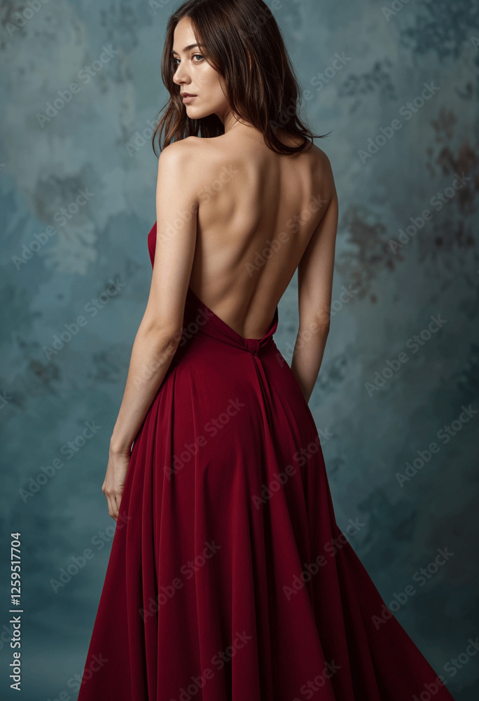 Elegant Woman in Maroon Backless Gown, Studio Portrait Elegant Woman in Maroon Backless Gown, Studio Portrait