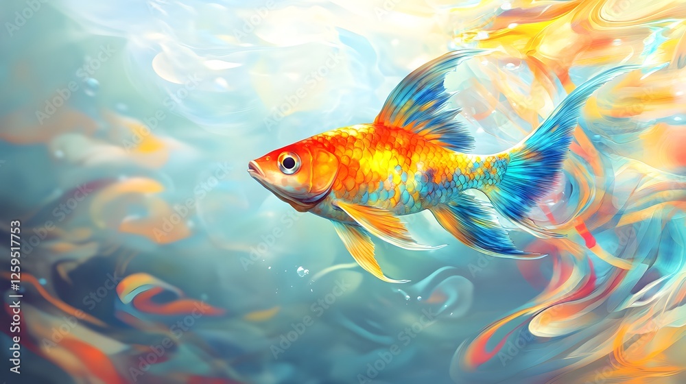 Fototapeta premium Beautifully illustrated vibrant goldfish swims gracefully through a whimsical ocean