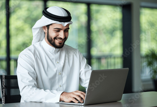 Smiling Arab Businessman Using Laptop, Modern Office, Professional