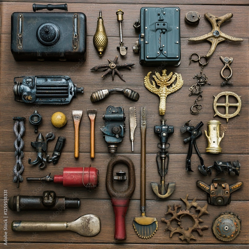 Obraz premium Collection of antique tools and devices arranged on a wooden surface.
