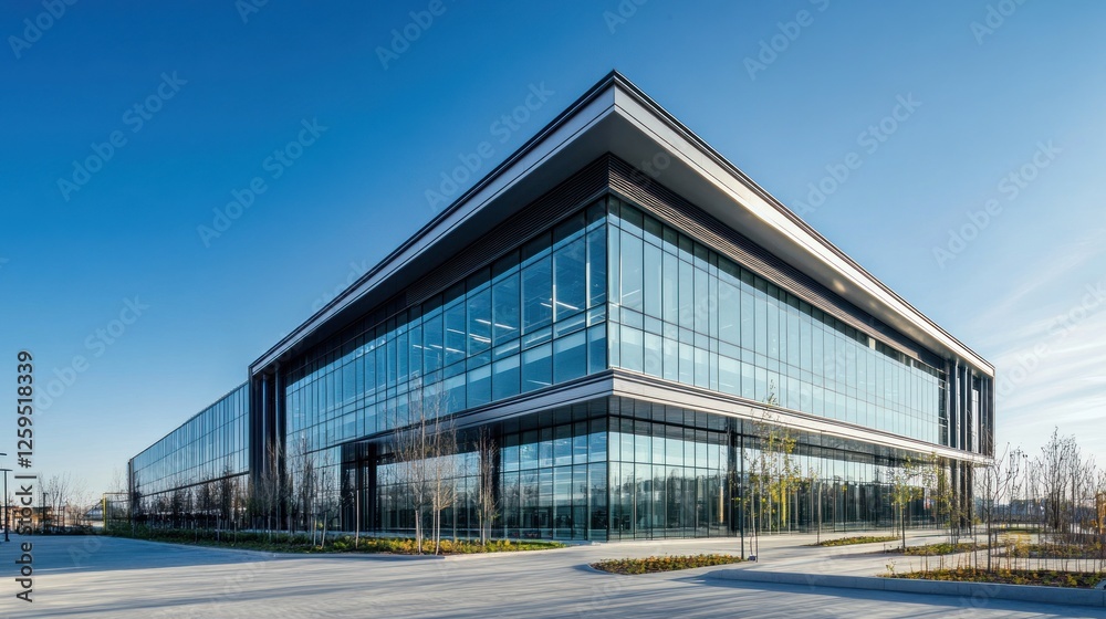 Modern Corporate Architecture: A Sleek Glass Building Under Clear Blue Skies Modern Corporate Architecture: A Sleek Glass Building Under Clear Blue Skies
